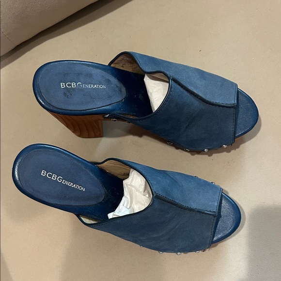 BCBGeneration Navy Leather Mules with Wooden Heel - Picture 3 of 10